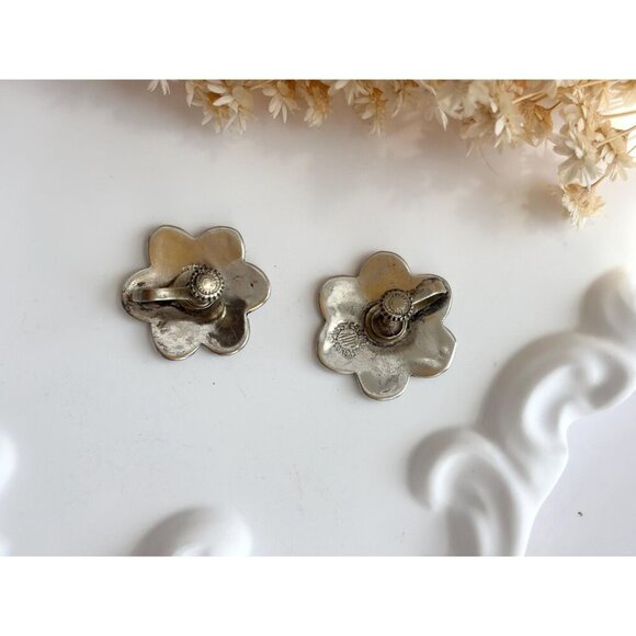 Star of David Abalone Floral Alpaca Mexican Sterling Silver Vintage Screw Studs - Picture 3 of 10